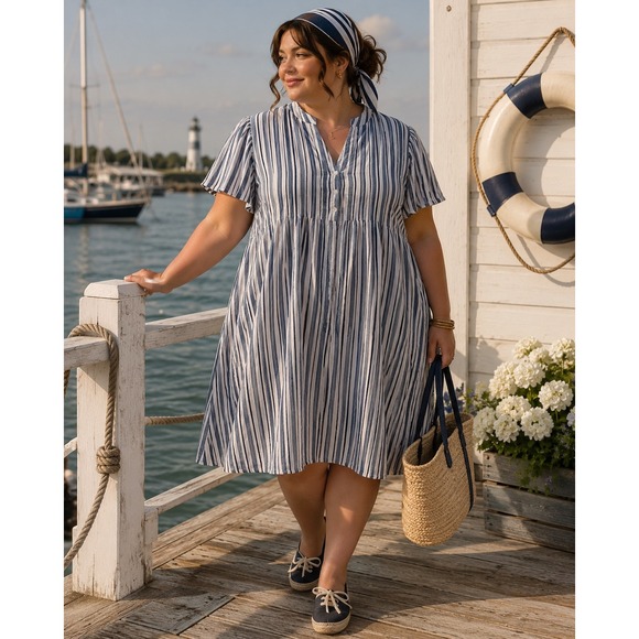 Terra & Sky Dresses & Skirts - Womens 2X White Black Striped Linen Blend Coastal Tunic Shirt Dress Nautical